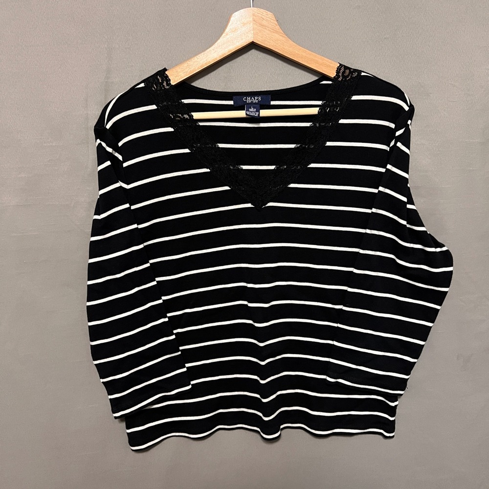 Chaps Striped Top Lace V-Neck 3/4 Sleeve Cotton Classic Tee Black White Size L - Picture 3 of 6